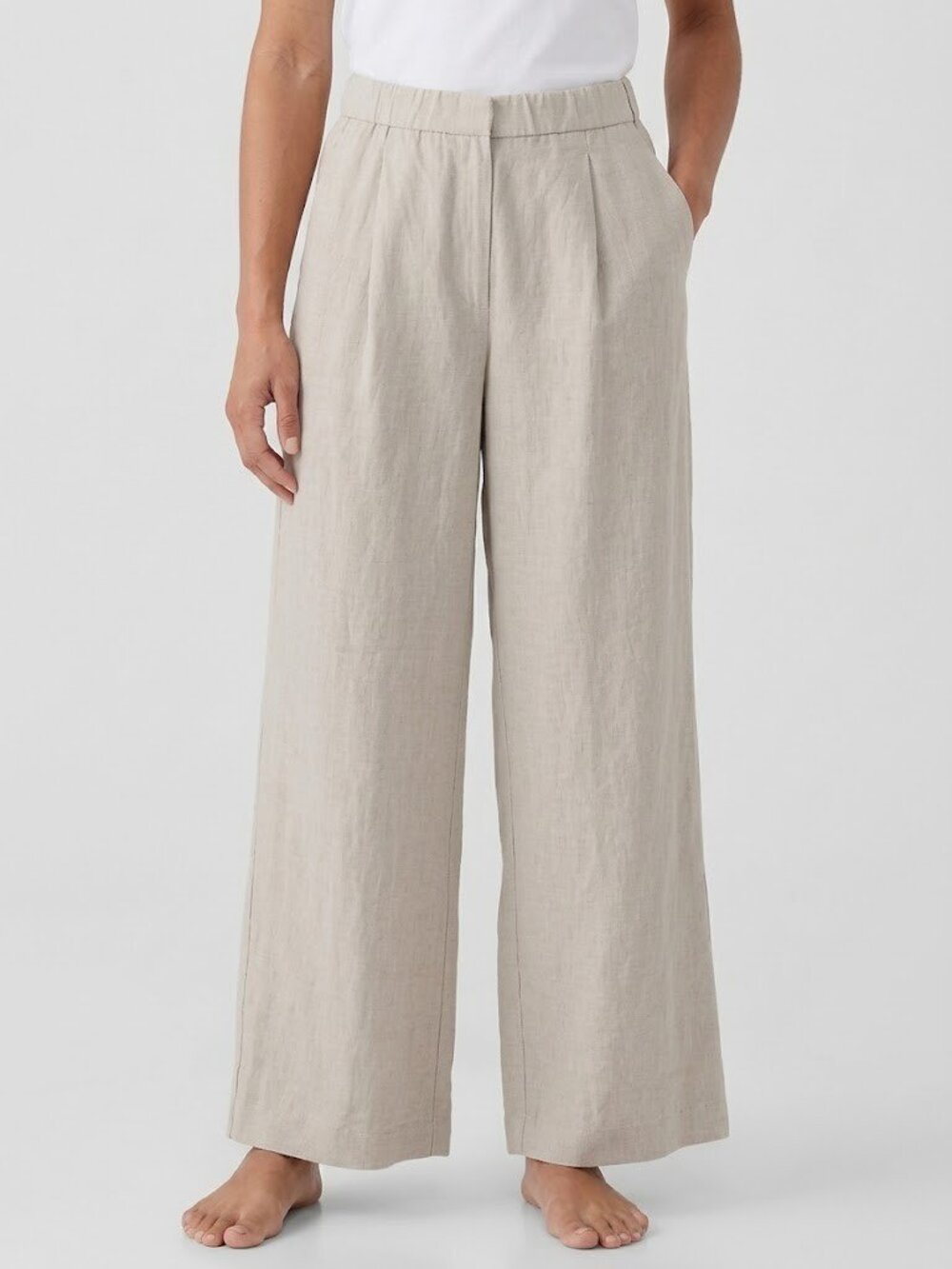 NWT Eileen Fisher Organic Linen Wide-Leg Pleated Trouser Pants in Unnatural L